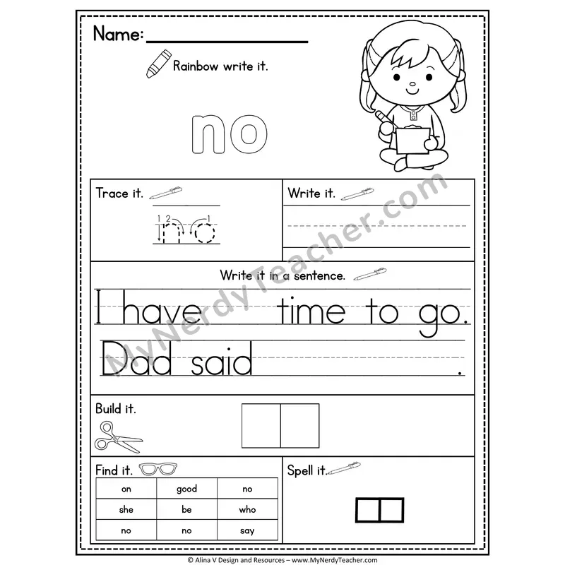 Kindergarten Sight Word Practice Worksheet — No (Rainbow Write, Build & Spell)
