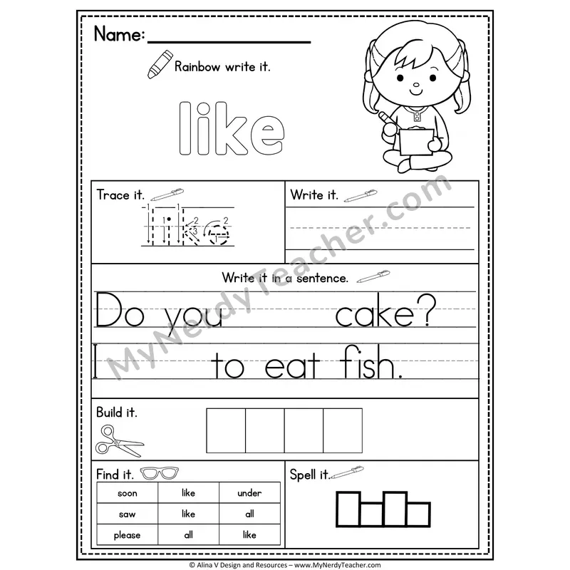 Kindergarten Sight Word Practice Worksheet — Like (Rainbow Write, Build & Spell)