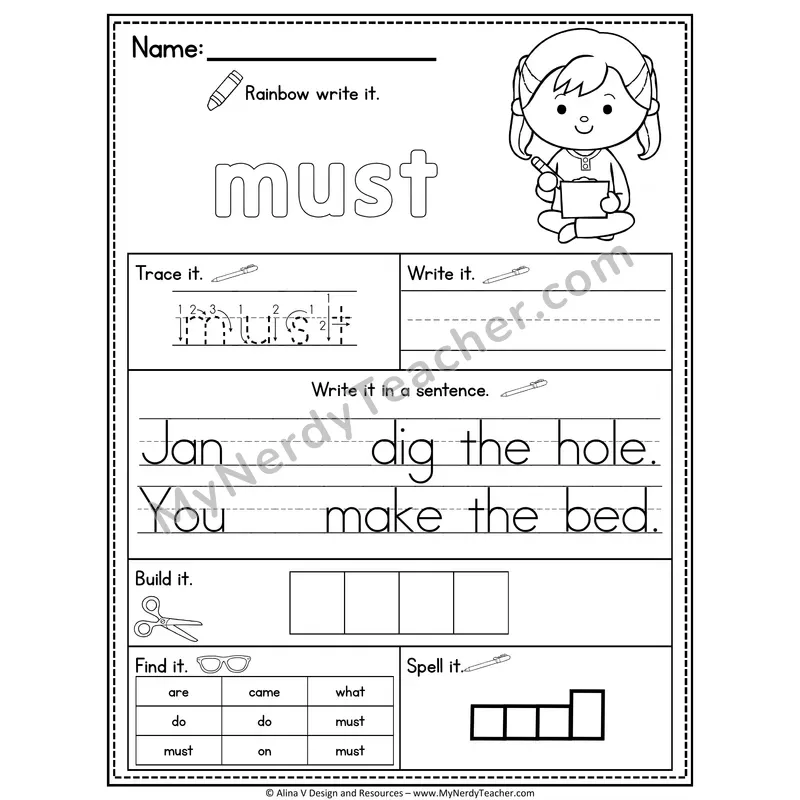 Kindergarten Sight Word Practice Worksheet — Must (Rainbow Write, Build & Spell)