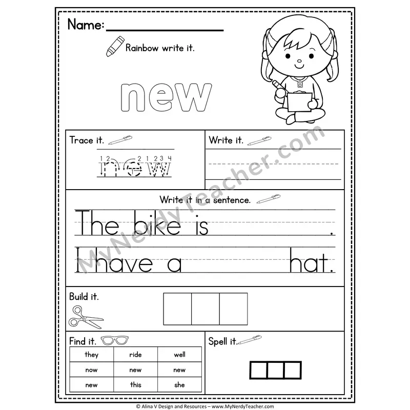 Kindergarten Sight Word Practice Worksheet — New (Rainbow Write, Build & Spell)