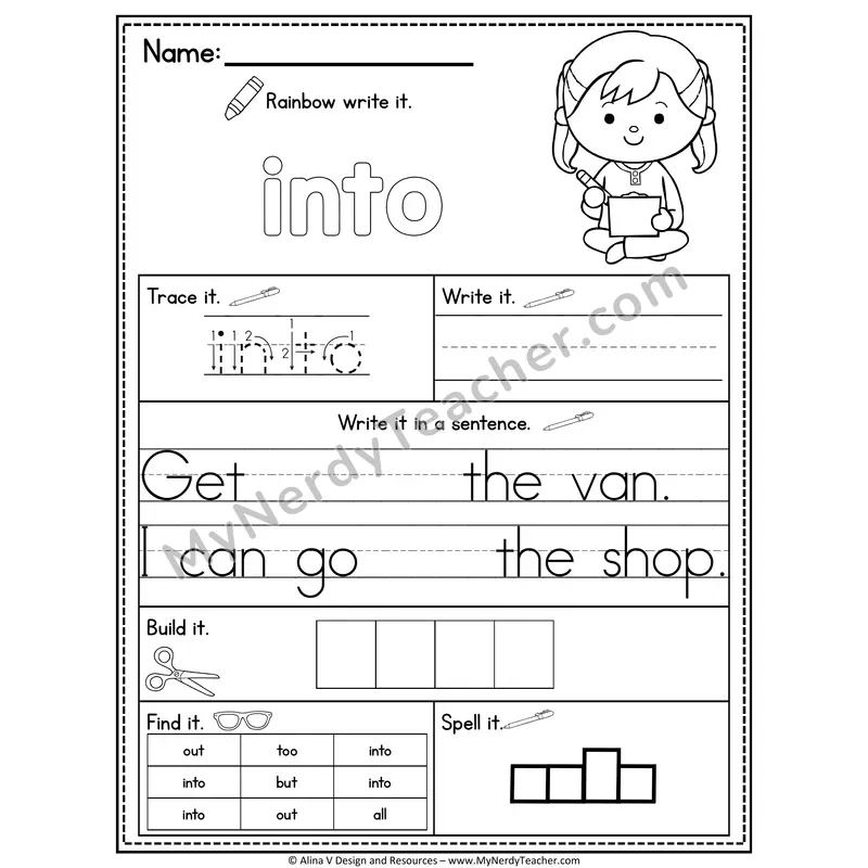 Kindergarten Sight Word Practice Worksheet — Into (Rainbow Write, Build & Spell)
