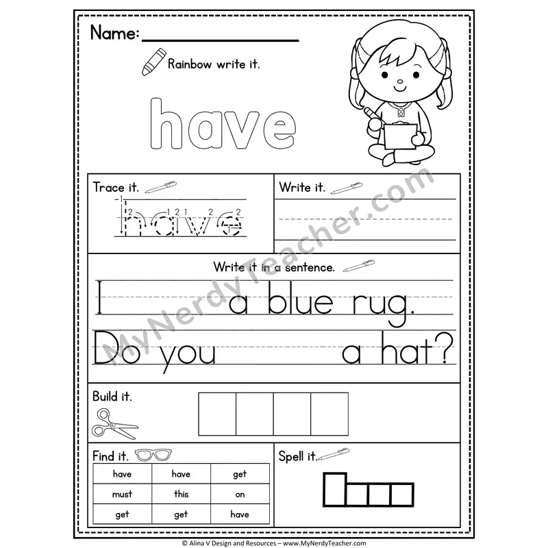 Kindergarten Sight Word Practice Worksheet — Have (Rainbow Write, Build & Spell)