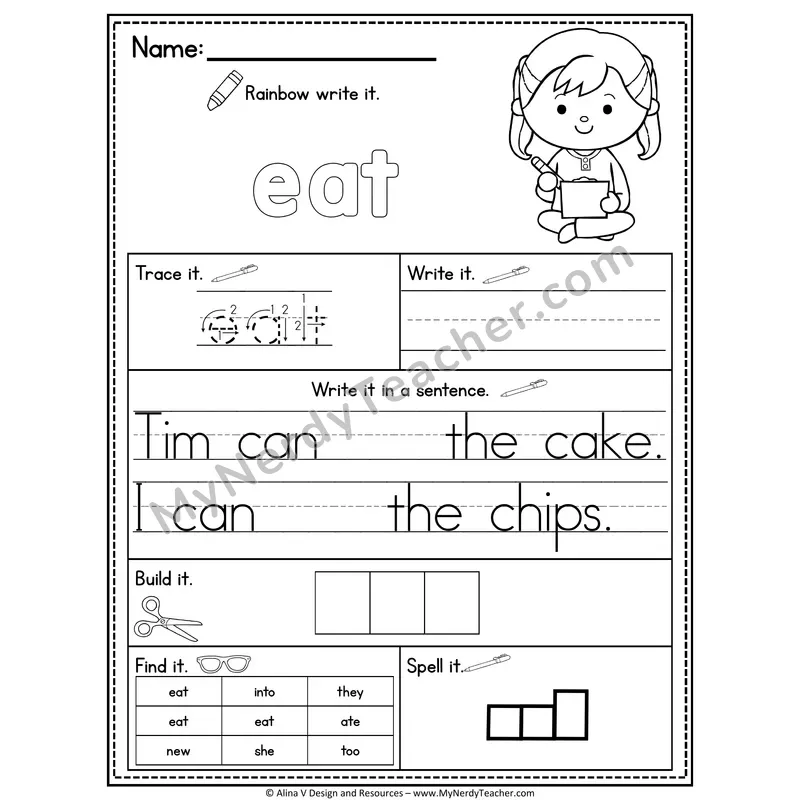 Kindergarten Sight Word Practice Worksheet — Eat (Rainbow Write, Build & Spell)