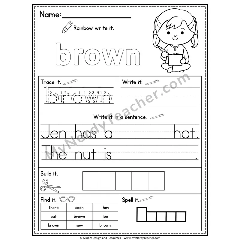 Kindergarten Sight Word Practice Worksheet — Brown (Rainbow Write, Build & Spell)