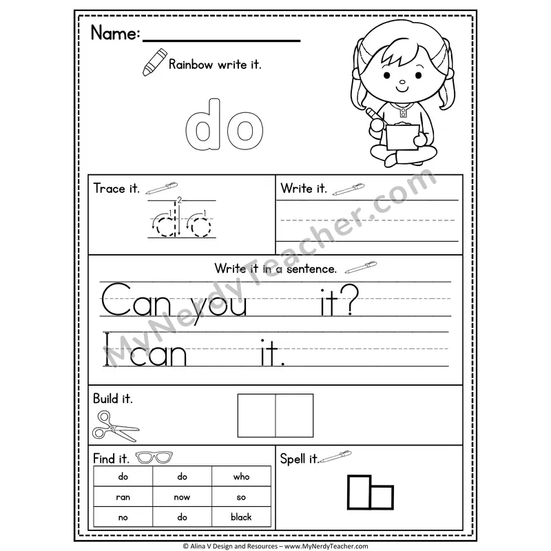 Kindergarten Sight Word Practice Worksheet — Do (Rainbow Write, Build & Spell)