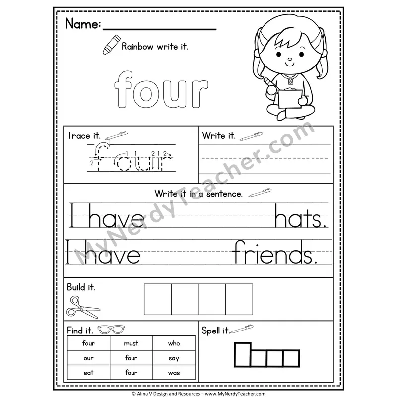Kindergarten Sight Word Practice Worksheet — For (Rainbow Write, Build & Spell)