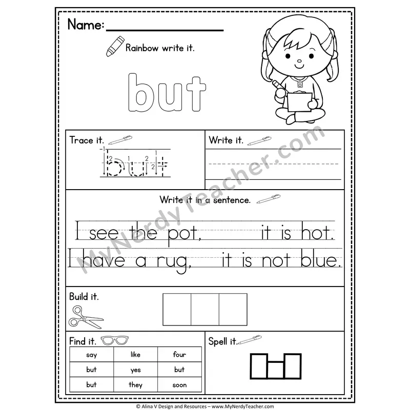 Kindergarten Sight Word Practice Worksheet — But (Rainbow Write, Build & Spell)