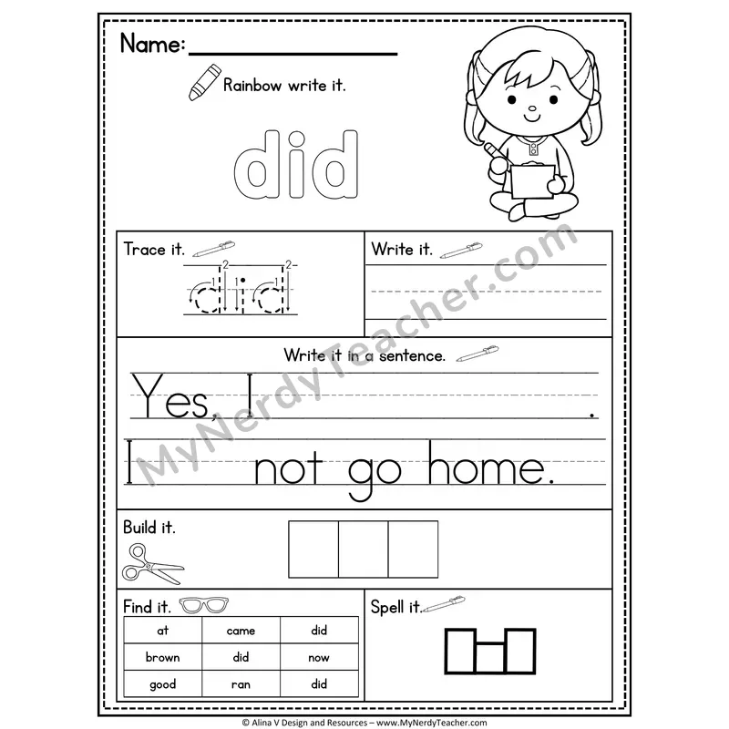 Kindergarten Sight Word Practice Worksheet — Did (Rainbow Write, Build & Spell)