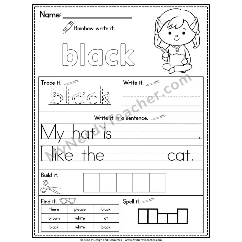 Kindergarten Sight Word Practice Worksheet — Black (Rainbow Write, Build & Spell)