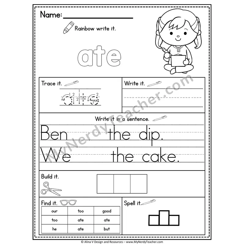 Kindergarten Sight Word Practice Worksheet — Ate (Rainbow Write, Build & Spell)