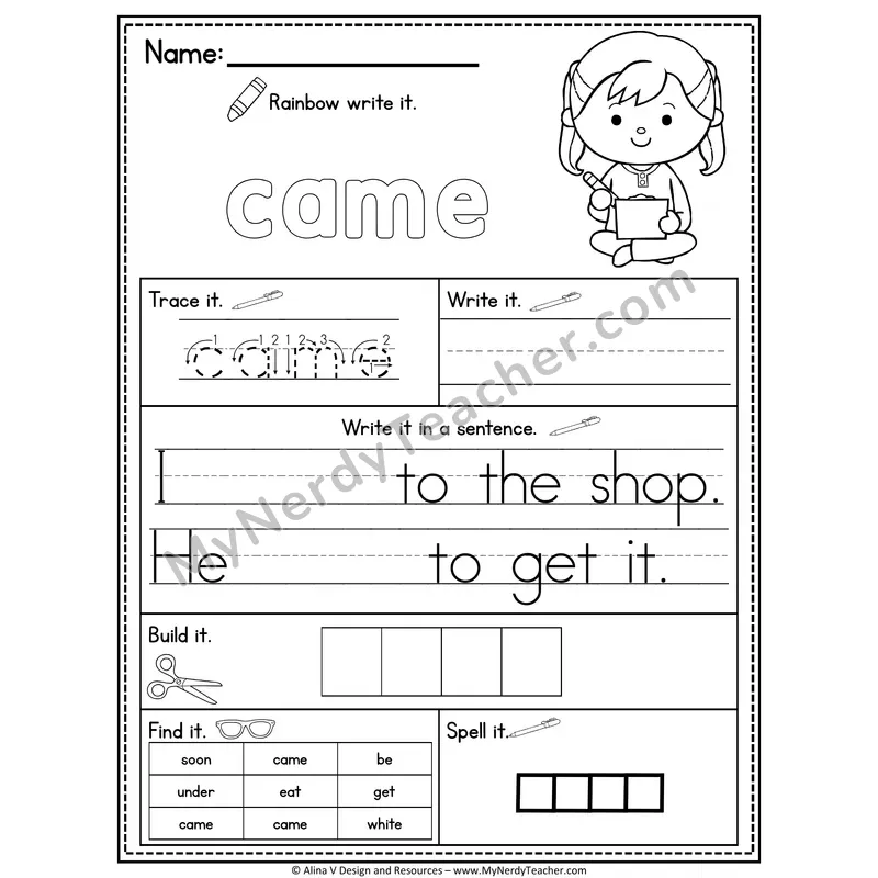 Kindergarten Sight Word Practice Worksheet — Came (Rainbow Write, Build & Spell)