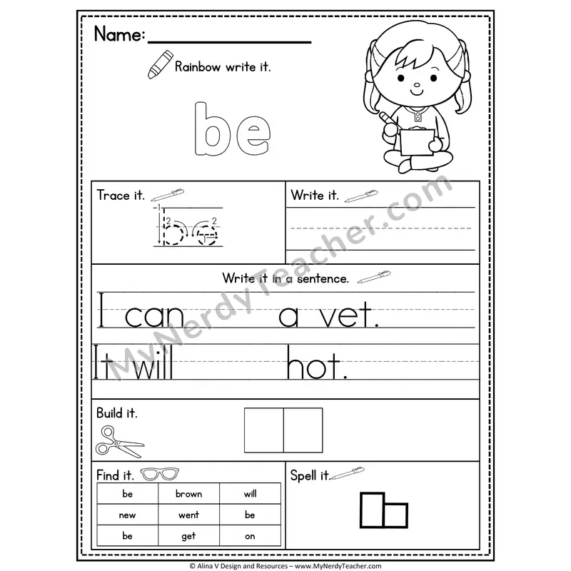 Kindergarten Sight Word Practice Worksheet — Be (Rainbow Write, Build & Spell)