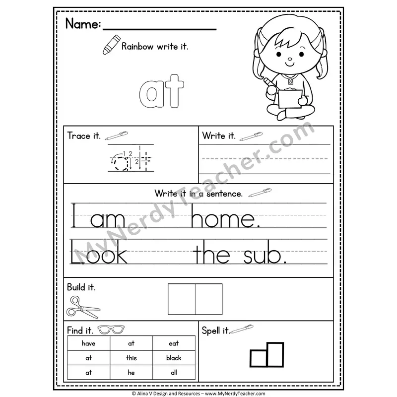 Kindergarten Sight Word Practice Worksheet — At (Rainbow Write, Build & Spell)
