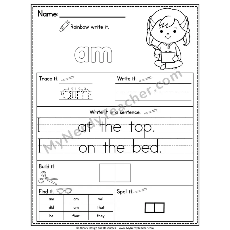 Kindergarten Sight Word Practice Worksheet — Am (Rainbow Write, Build & Spell)
