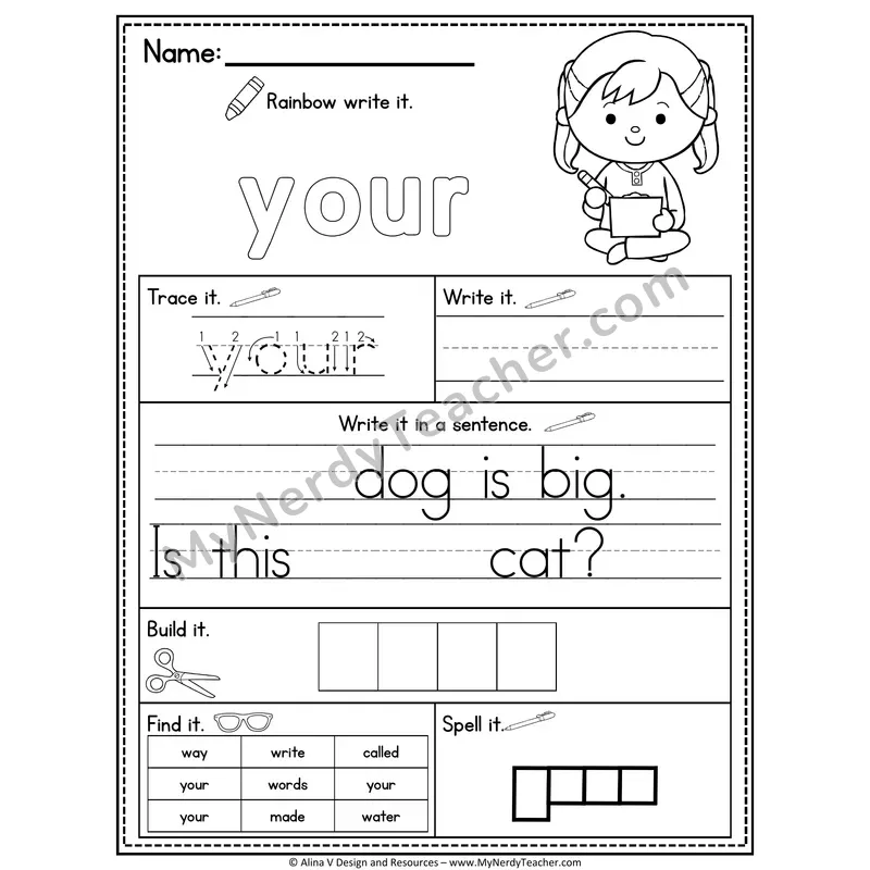 Fry Sight Word Practice Worksheet — Your (Rainbow Write, Build & Spell)