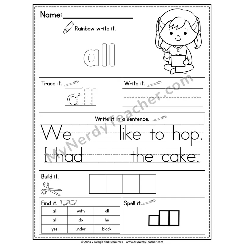 Kindergarten Sight Word Practice Worksheet — All (Rainbow Write, Build & Spell)
