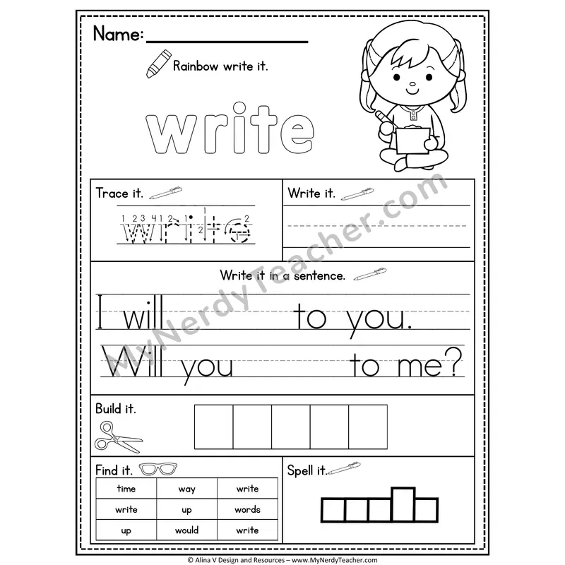 Fry Sight Word Practice Worksheet — Write (Rainbow Write, Build & Spell)