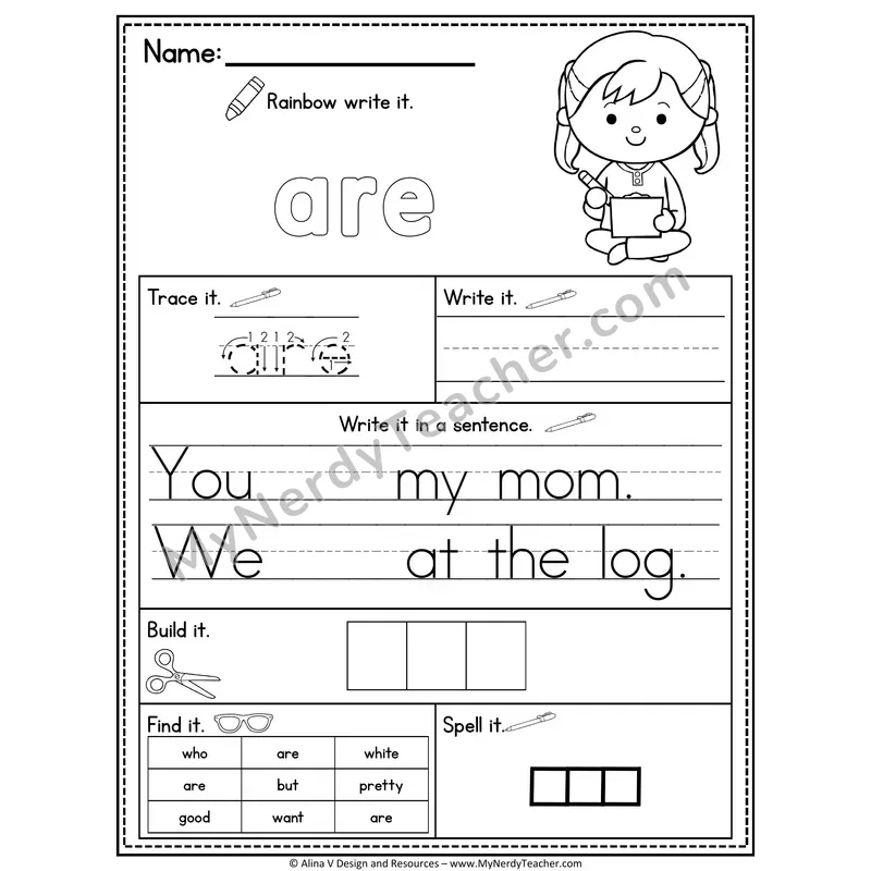 Kindergarten Sight Word Practice Worksheet — Are (Rainbow Write, Build & Spell)