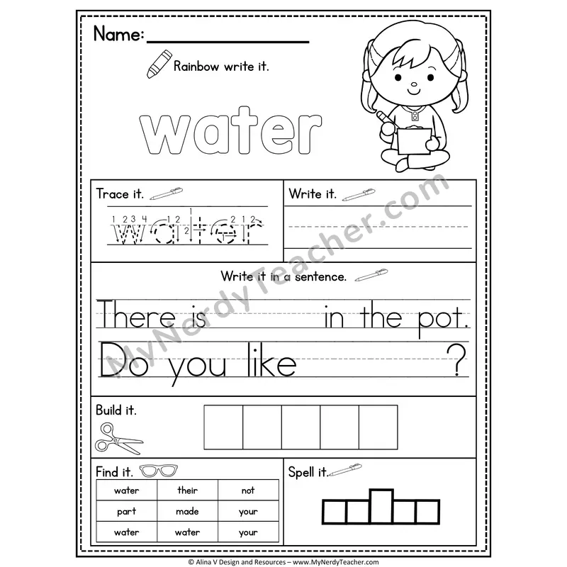 Fry Sight Word Practice Worksheet — Water (Rainbow Write, Build & Spell)