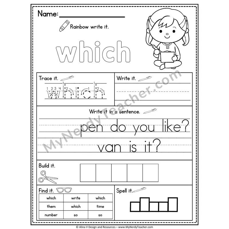 Fry Sight Word Practice Worksheet — Which (Rainbow Write, Build & Spell)