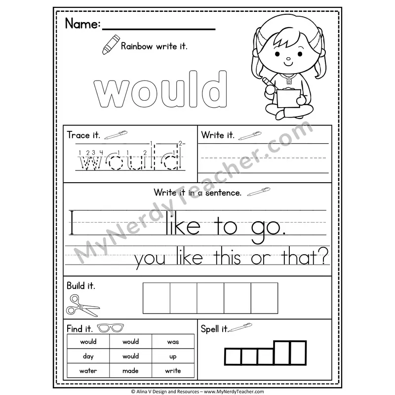 Fry Sight Word Practice Worksheet — Would (Rainbow Write, Build & Spell)