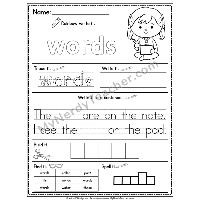 Fry Sight Word Practice Worksheet — Words (Rainbow Write, Build & Spell)