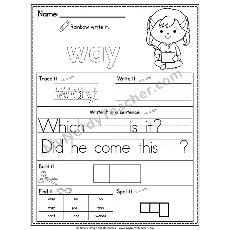 Fry Sight Word Practice Worksheet — Way (Rainbow Write, Build & Spell)