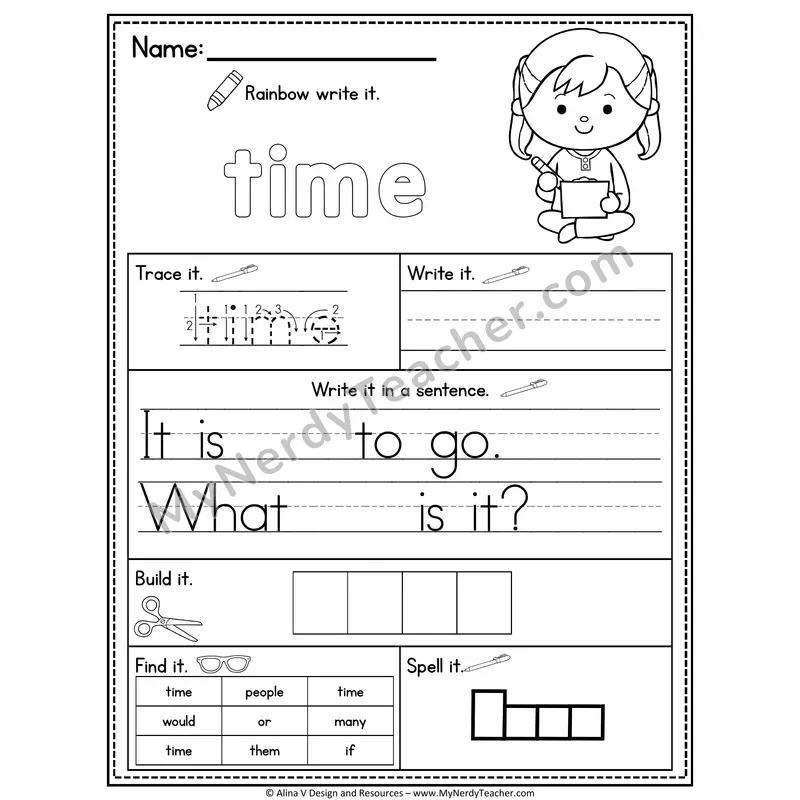 Fry Sight Word Practice Worksheet — Time (Rainbow Write, Build & Spell)