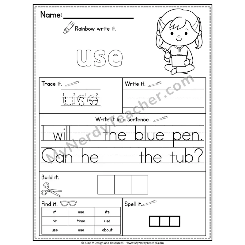 Fry Sight Word Practice Worksheet — Use (Rainbow Write, Build & Spell)