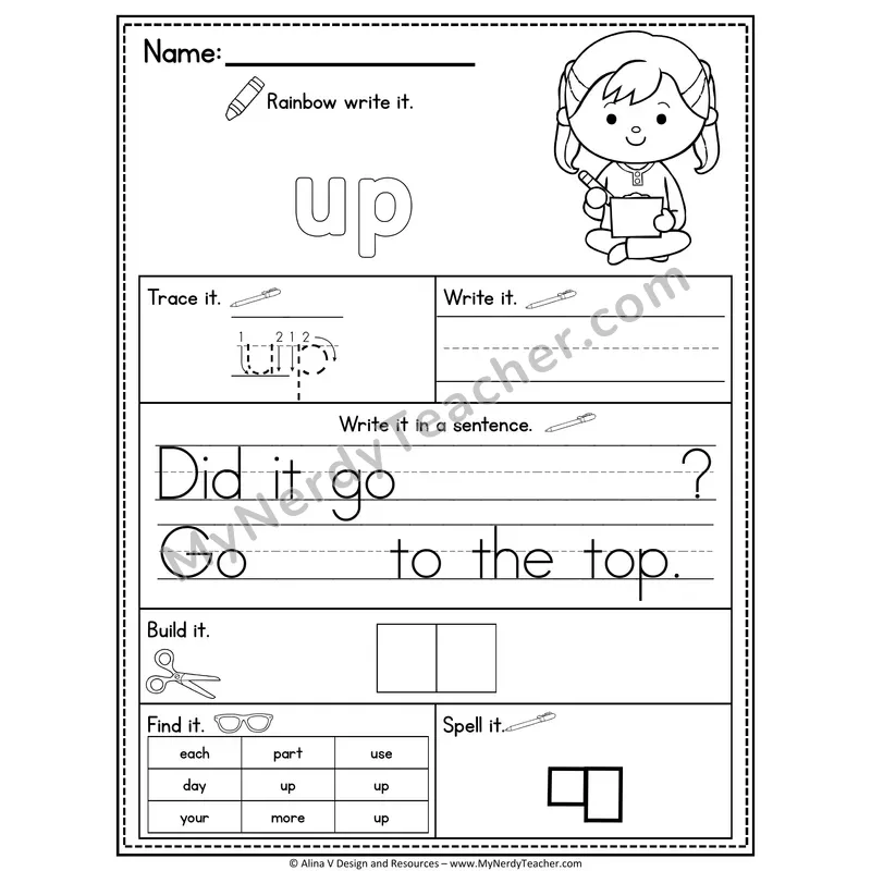 Fry Sight Word Practice Worksheet — Up (Rainbow Write, Build & Spell)