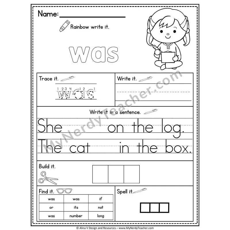 Fry Sight Word Practice Worksheet — Was (Rainbow Write, Build & Spell)