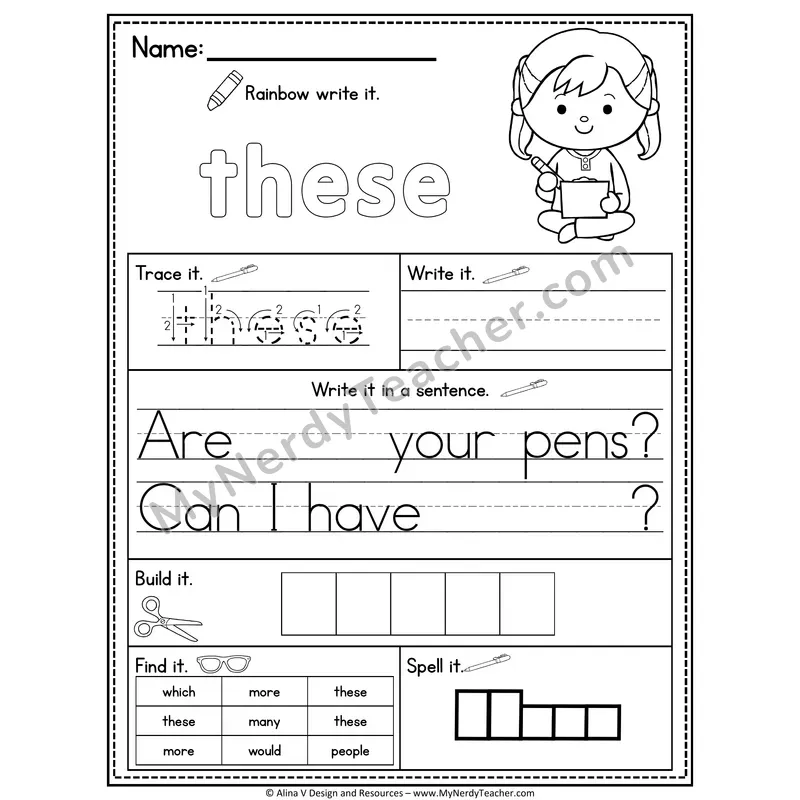 Fry Sight Word Practice Worksheet — These (Rainbow Write, Build & Spell)