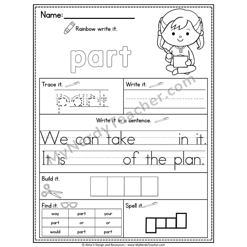 Fry Sight Word Practice Worksheet — Part (Rainbow Write, Build & Spell)