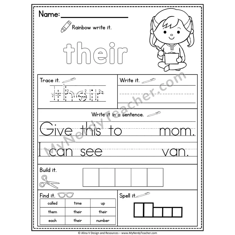Fry Sight Word Practice Worksheet — Their (Rainbow Write, Build & Spell)