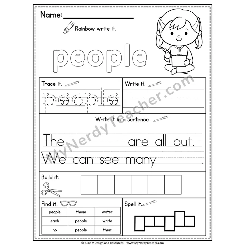 Fry Sight Word Practice Worksheet — People (Rainbow Write, Build & Spell)