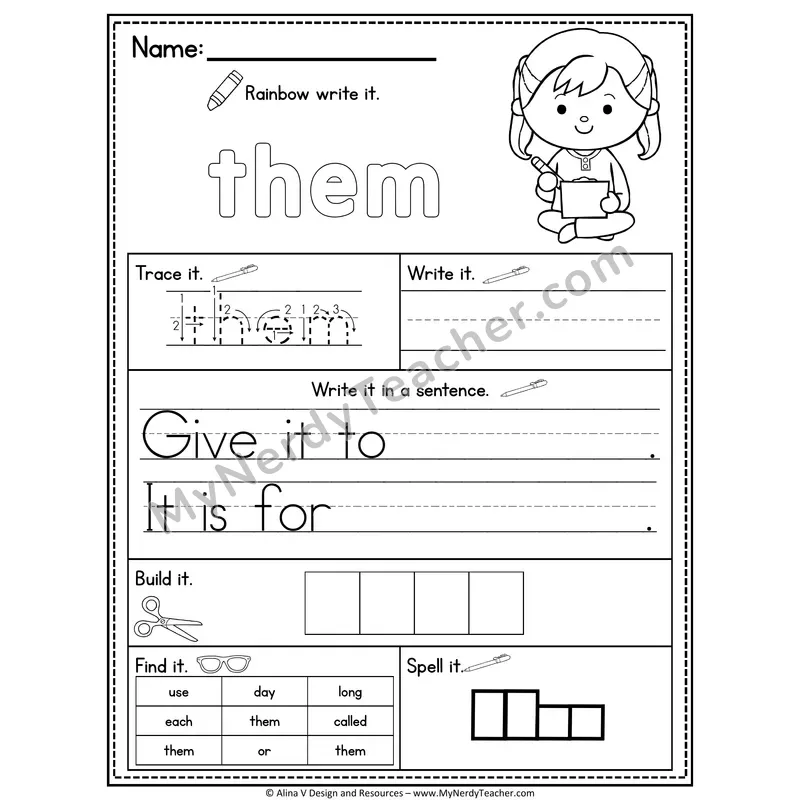 Fry Sight Word Practice Worksheet — Them (Rainbow Write, Build & Spell)