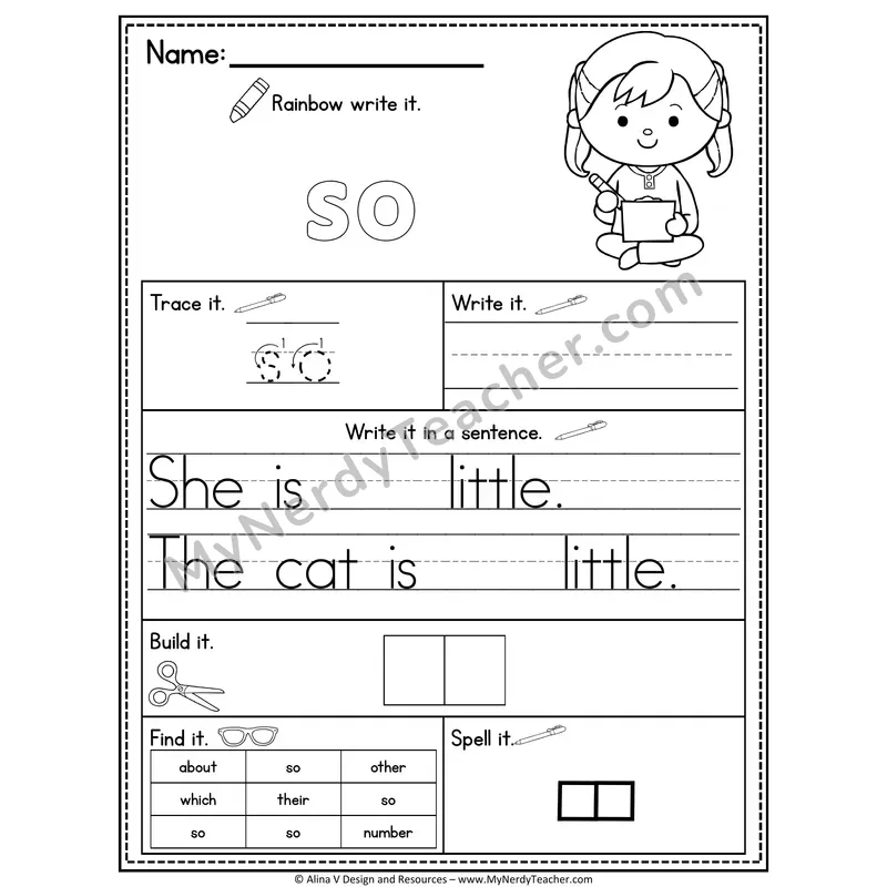 Fry Sight Word Practice Worksheet — So (Rainbow Write, Build & Spell)