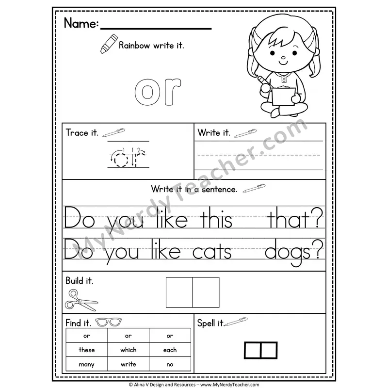 Fry Sight Word Practice Worksheet — Or (Rainbow Write, Build & Spell)