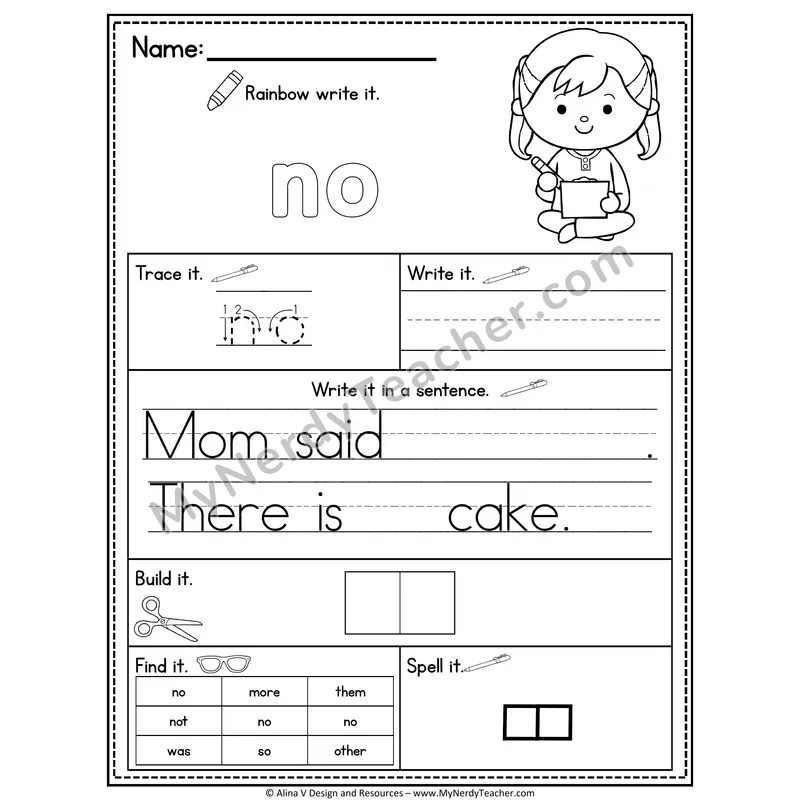 Fry Sight Word Practice Worksheet — No (Rainbow Write, Build & Spell)