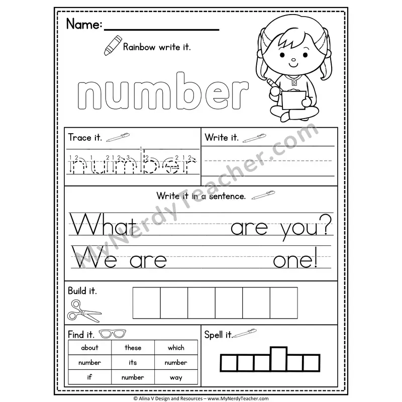 Fry Sight Word Practice Worksheet — Number (Rainbow Write, Build & Spell)