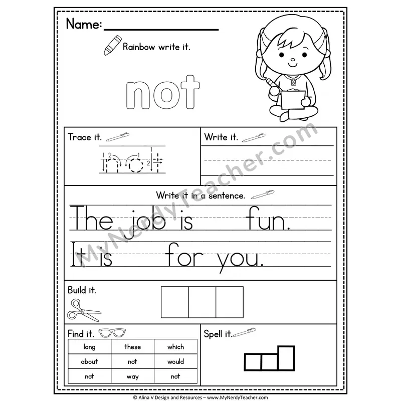 Fry Sight Word Practice Worksheet — Not (Rainbow Write, Build & Spell)
