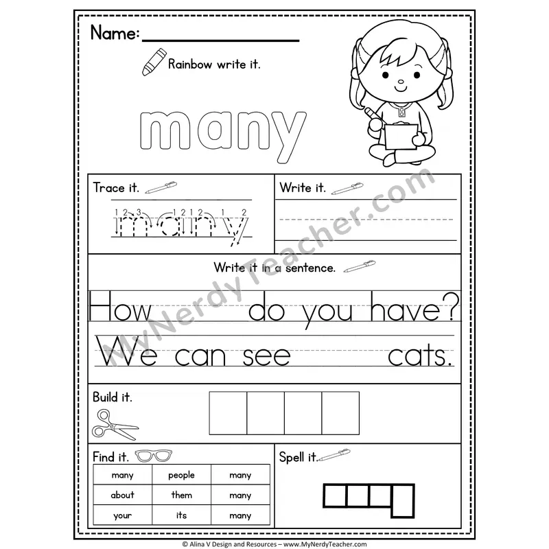 Fry Sight Word Practice Worksheet — Many (Rainbow Write, Build & Spell)