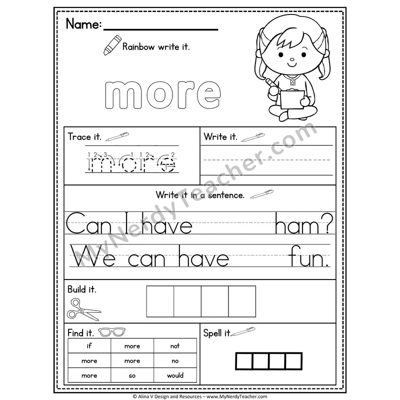 Fry Sight Word Practice Worksheet — More (Rainbow Write, Build & Spell)