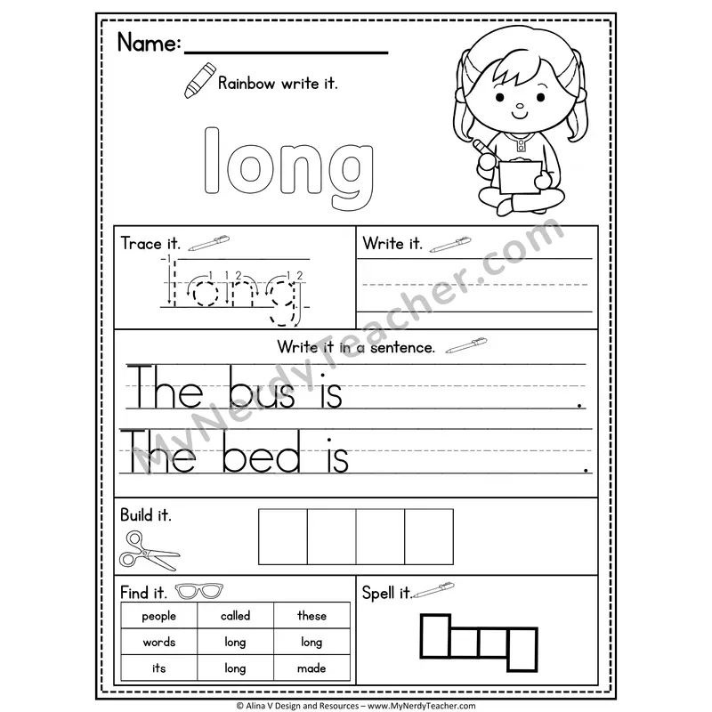 Fry Sight Word Practice Worksheet — Long (Rainbow Write, Build & Spell)