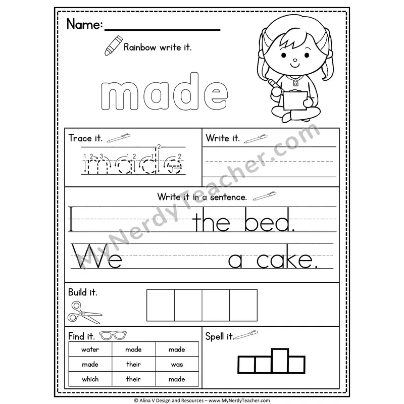 Fry Sight Word Practice Worksheet — Made (Rainbow Write, Build & Spell)
