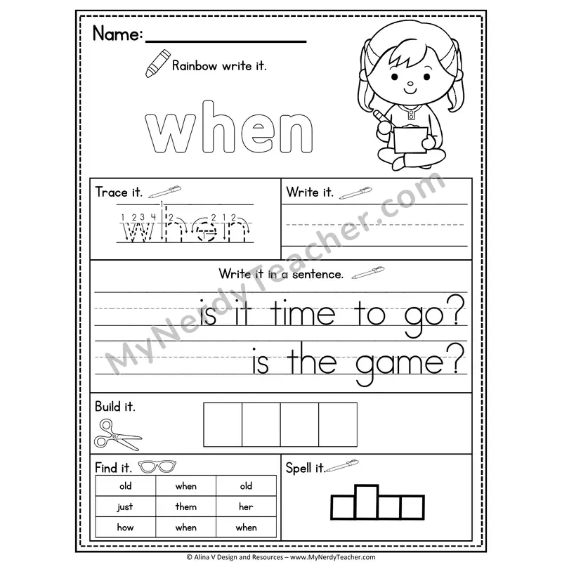 1st Grade Sight Word Practice Worksheet — When (Rainbow Write, Build & Spell)