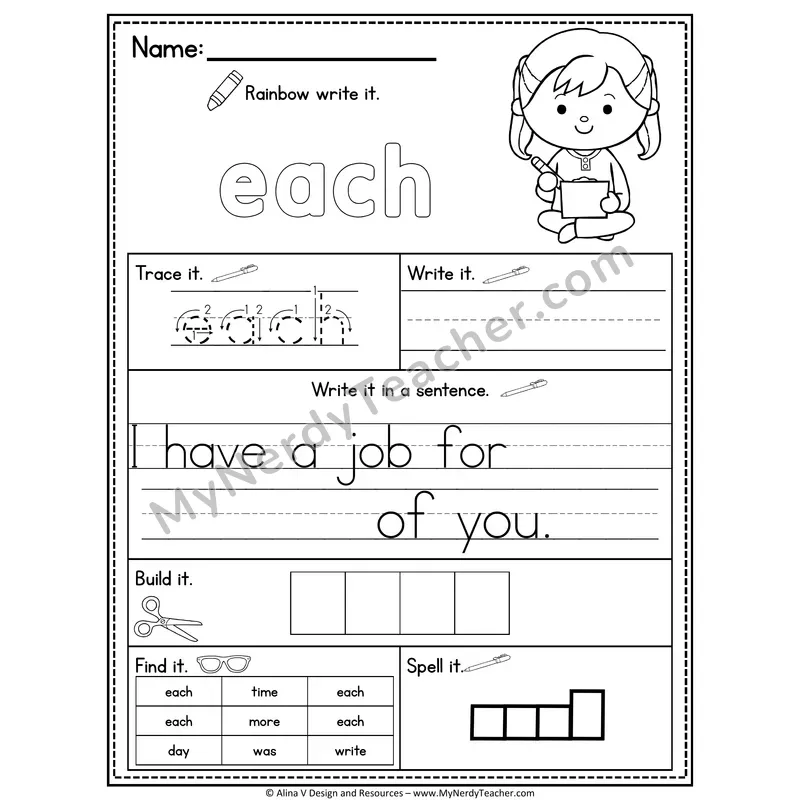 Fry Sight Word Practice Worksheet — Each (Rainbow Write, Build & Spell)