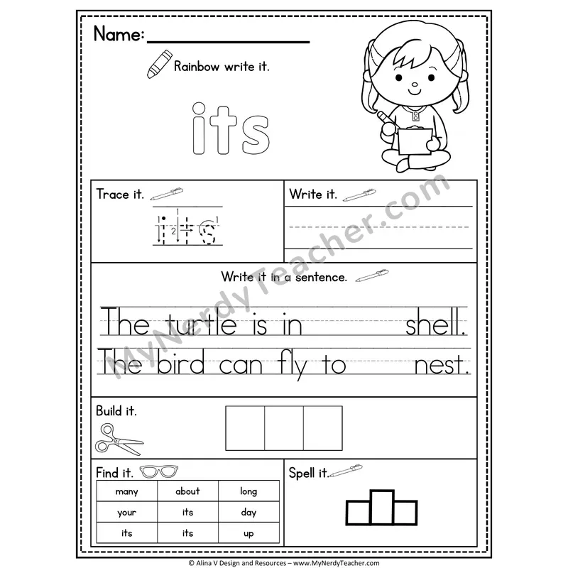Fry Sight Word Practice Worksheet — Its (Rainbow Write, Build & Spell)