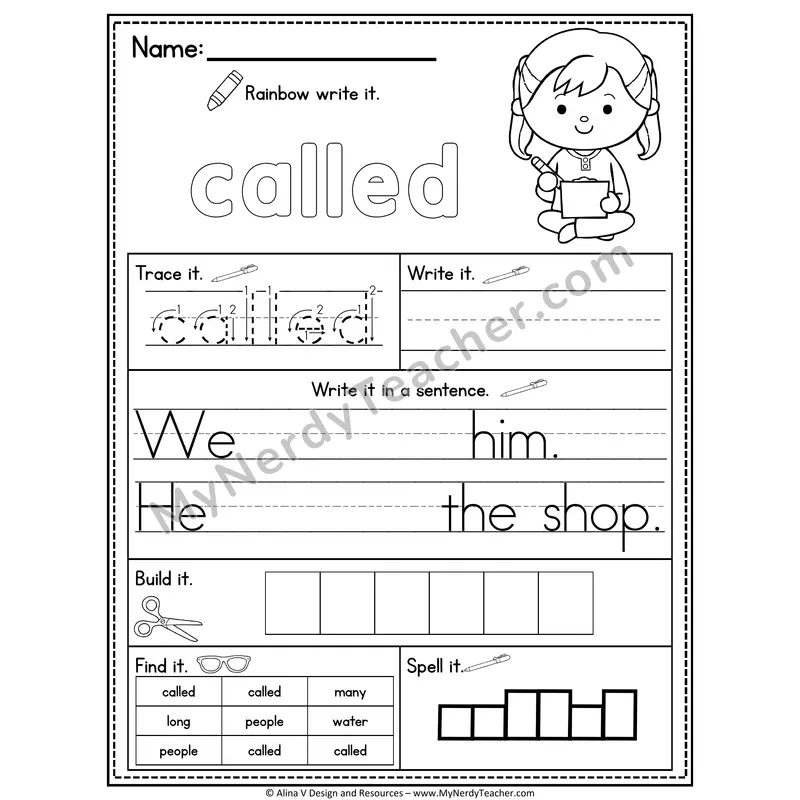 Fry Sight Word Practice Worksheet — Called (Rainbow Write, Build & Spell)