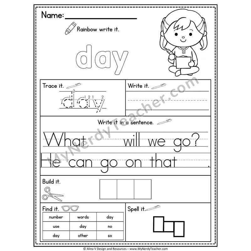 Fry Sight Word Practice Worksheet — Day (Rainbow Write, Build & Spell)
